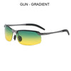 A pair of gun gradient sunglasses with a gray alloy frame and yellow-green lenses.