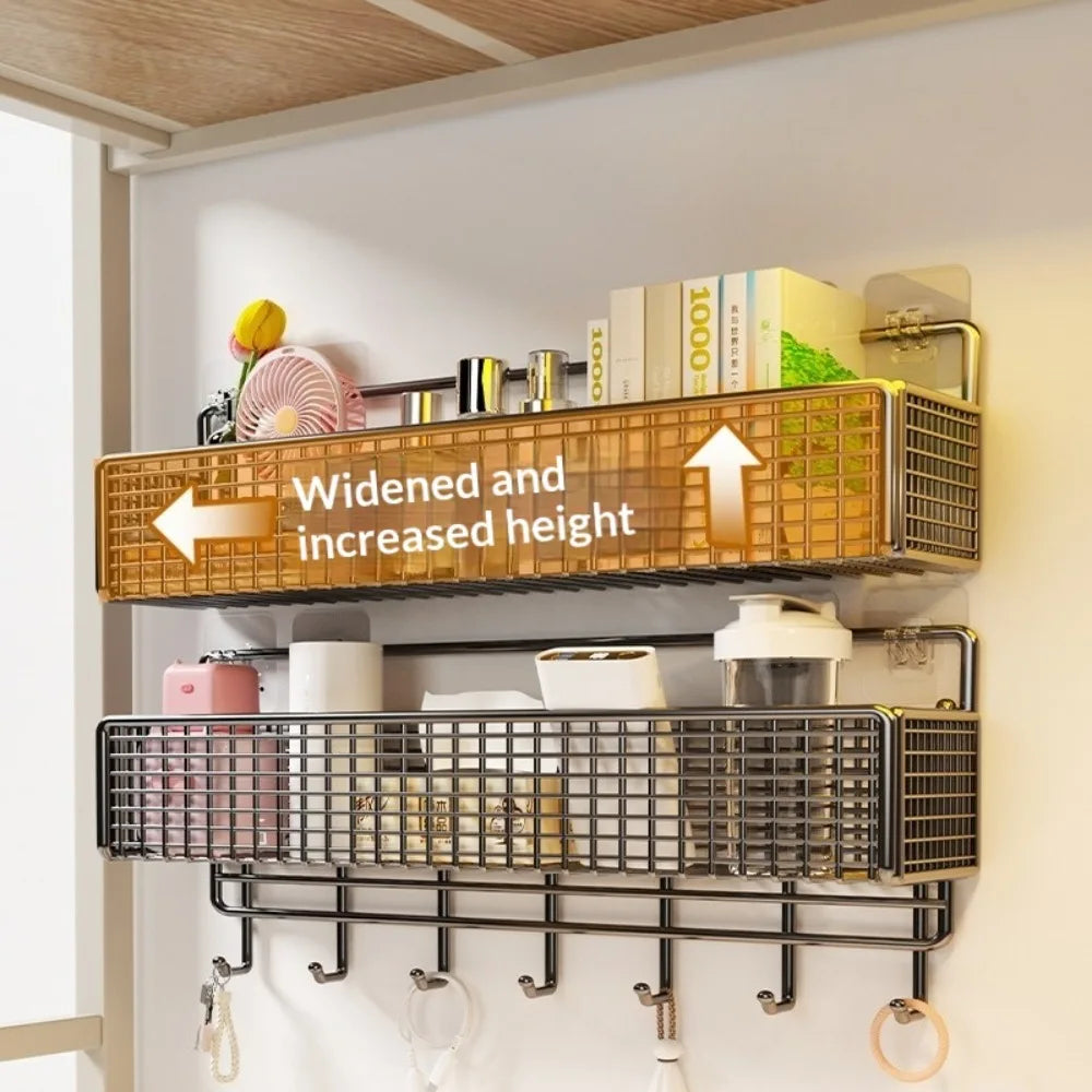 A wooden wall-mounted storage basket with a mesh front and an arrow indicating widened and increased height, used for organiz