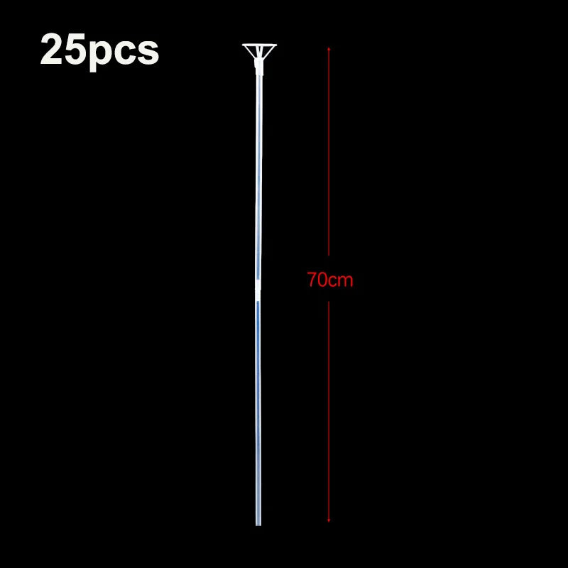 A long, thin clear balloon arch stand with a red marker indicating a 70cm length.