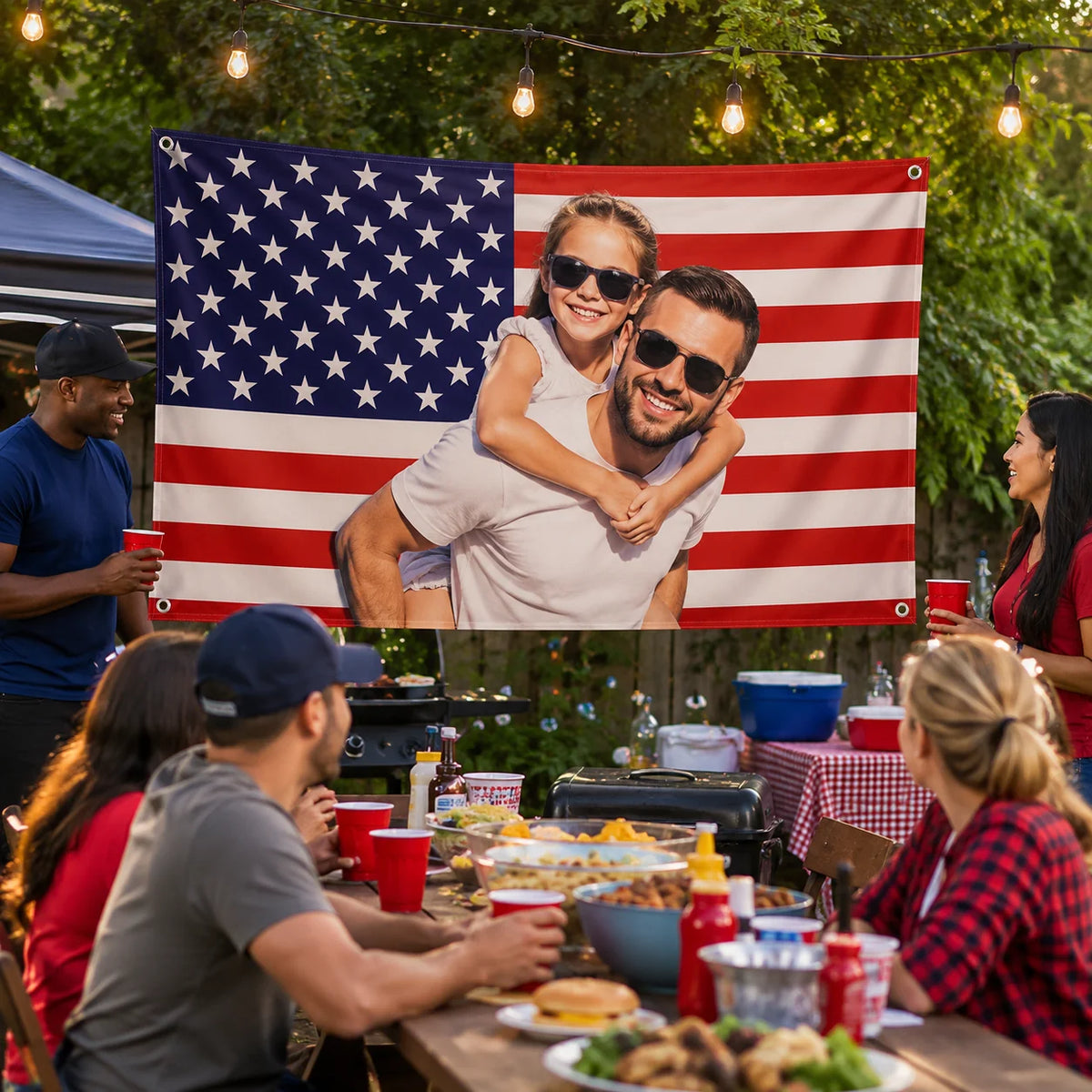 A family is posing in front of a large American flag banner decorated with string lights.