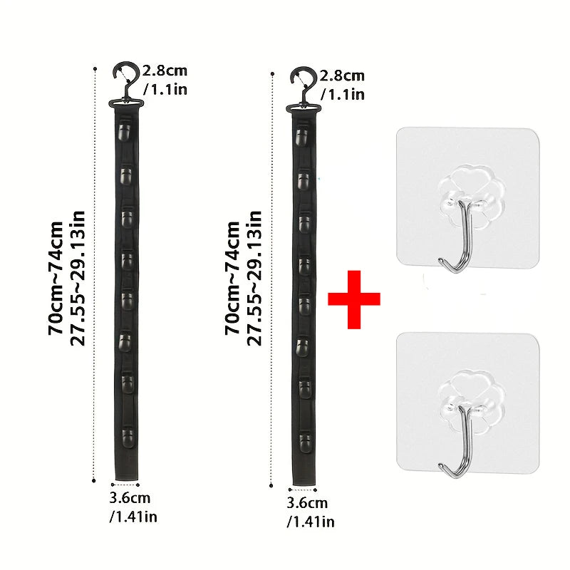 A black multilayer hat organizer rack with hanging hooks and a clear adhesive pad for closet storage.