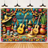 A vibrant Mexican fiesta photo backdrop featuring a sombrero, guitar, and cactus design with colorful decorations.