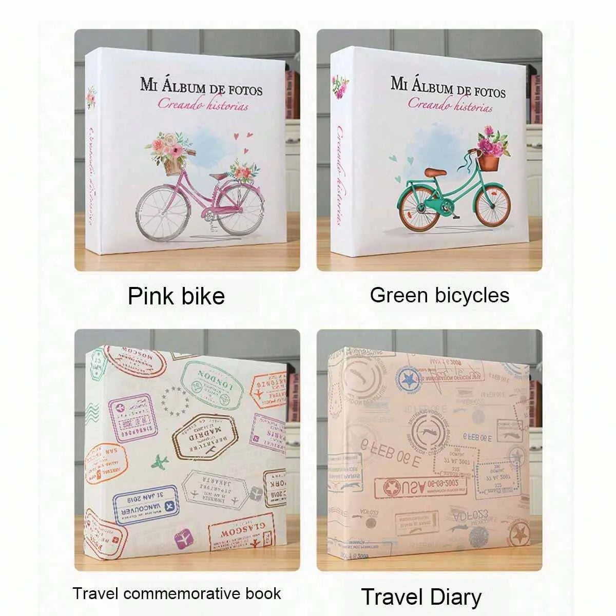 A set of three photo albums featuring a pink bike, green bicycles, and a travel diary.