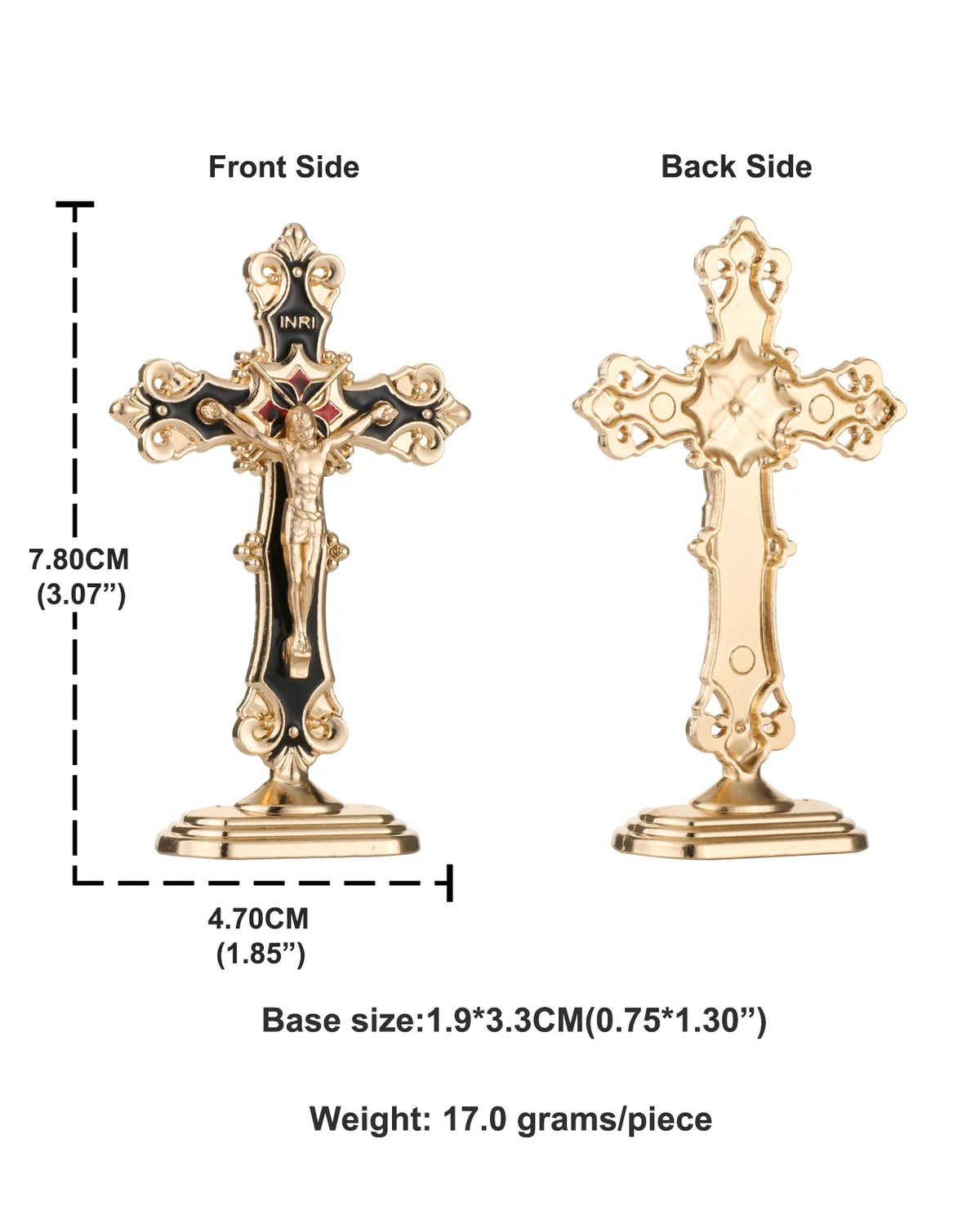 A gold-colored metal crucifix desk cross with a self-adhesive base shown from the front and back sides.