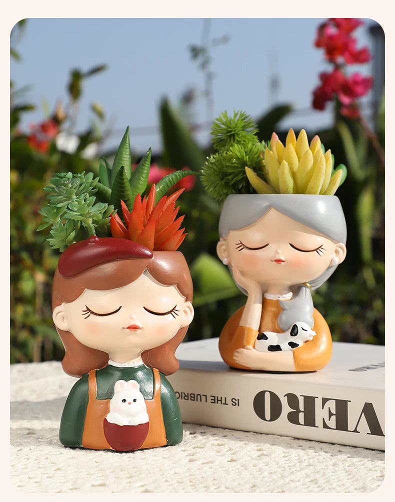Resin Cartoon Girl Flower Planter