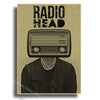 A vintage-style poster featuring the Radiohead logo above a silhouette of a person with an old radio.