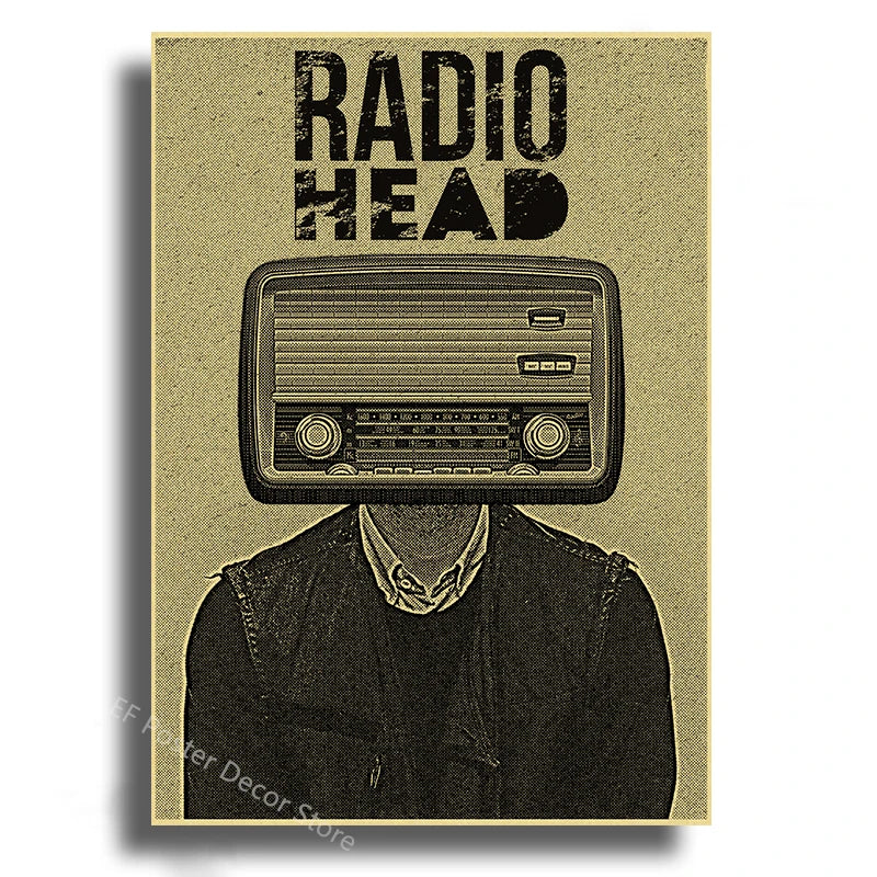 A vintage-style poster featuring the Radiohead logo above a silhouette of a person with an old radio.