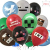 A collection of 24 Minecraft-themed party balloons featuring characters and text like Happy Birthday and TNT.
