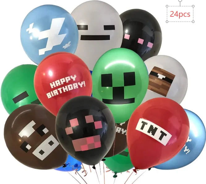 A collection of 24 Minecraft-themed party balloons featuring characters and text like Happy Birthday and TNT.