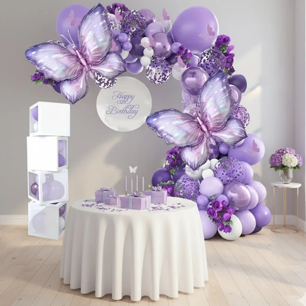 A purple butterfly balloon arch kit featuring balloons and curling ribbon for party decoration.