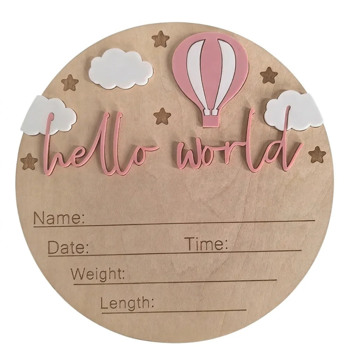 A natural wood birth announcement plaque featuring pink clouds, stars, and a pink hot air balloon with the text hello world.