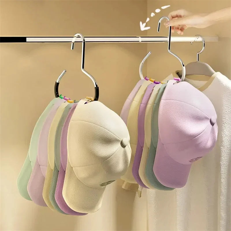 A rack of colorful circle ring hats hanging on a clothes hanger.