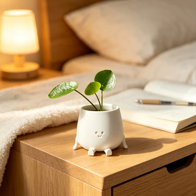 A white 3D printed smiley face succulent planter holding a green plant on a wooden surface.