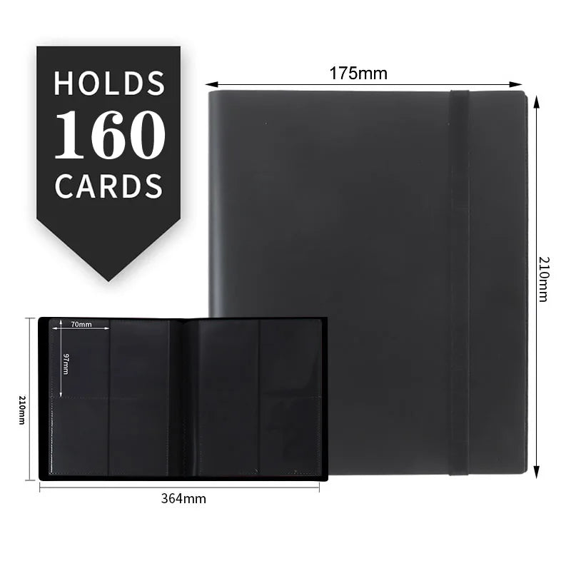 A black trading card storage binder holds 160 cards and features protective sleeves.