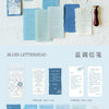 A set of blue letterhead paper featuring vintage old English manuscript designs and decorative elements.