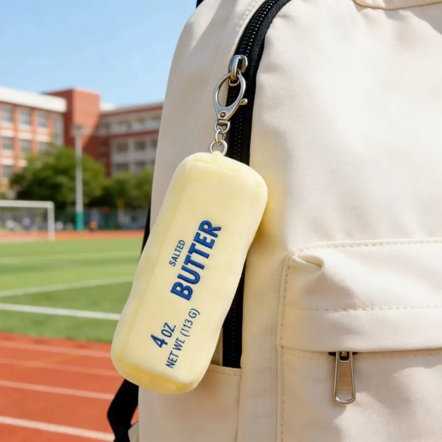 A yellow salted butter squishy keychain attached to a beige backpack strap.