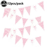 A set of 12 pink triangular flags with bows for a birthday party decoration.