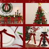Red velvet bows used as Christmas decorations on a tree, wreath, garland, and tableware.