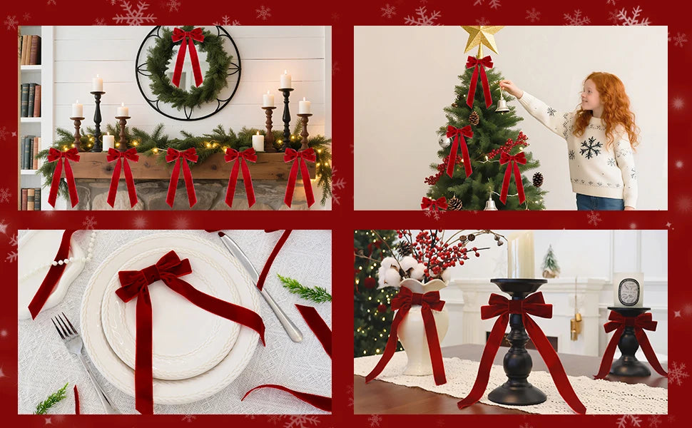 Red velvet bows used as Christmas decorations on a tree, wreath, garland, and tableware.