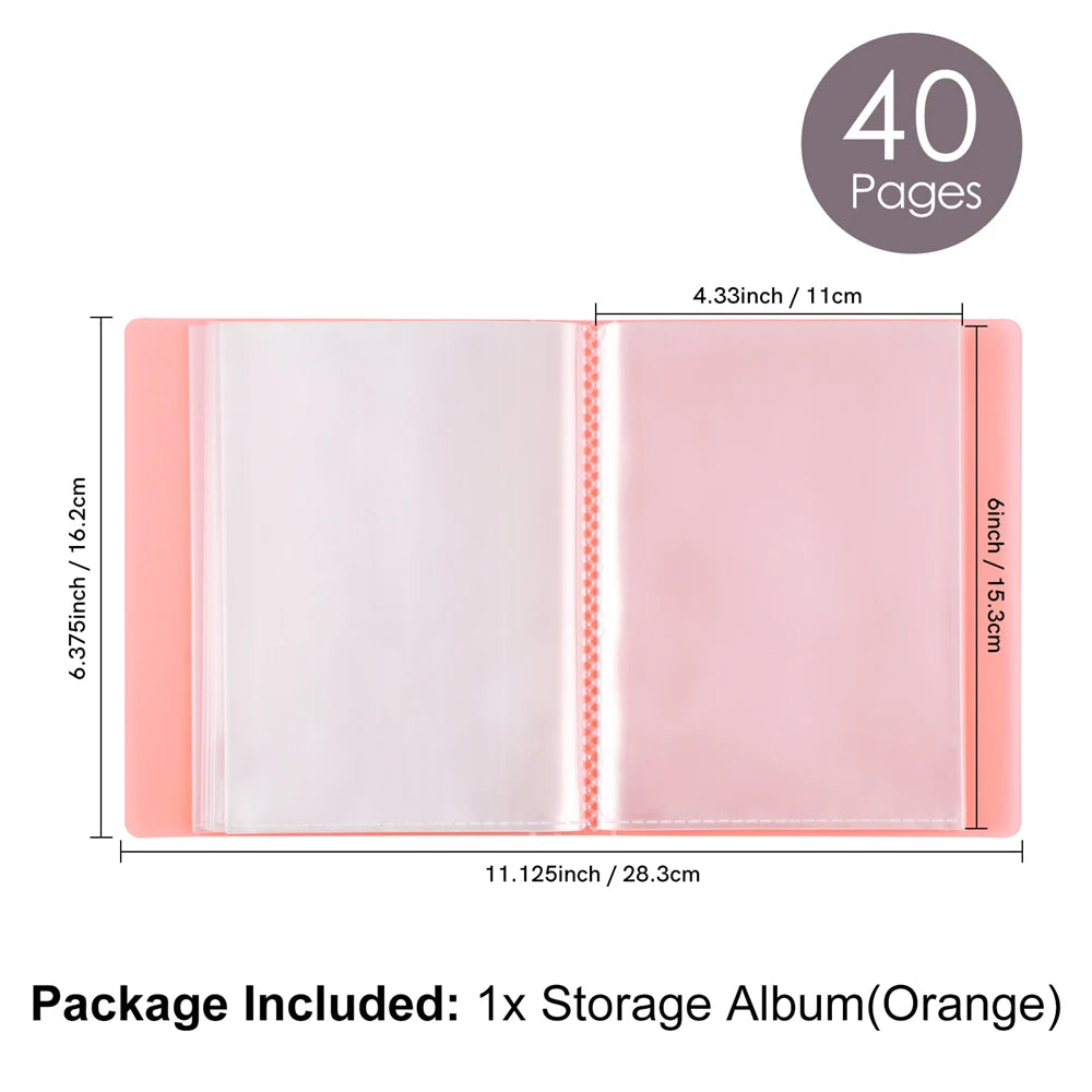 Pink storage album with 40 pages, measuring 6.375 inches by 11.125 inches.