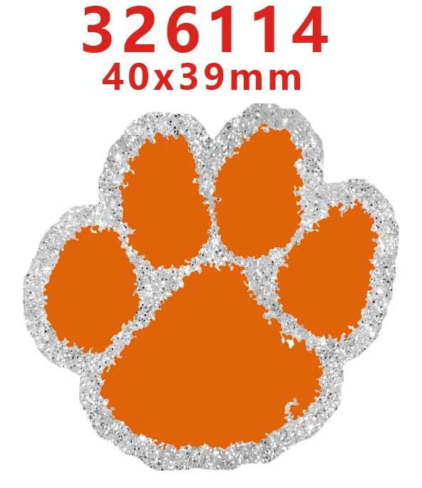 Orange paw print acrylic charm measuring 40x39mm with silver glitter edge