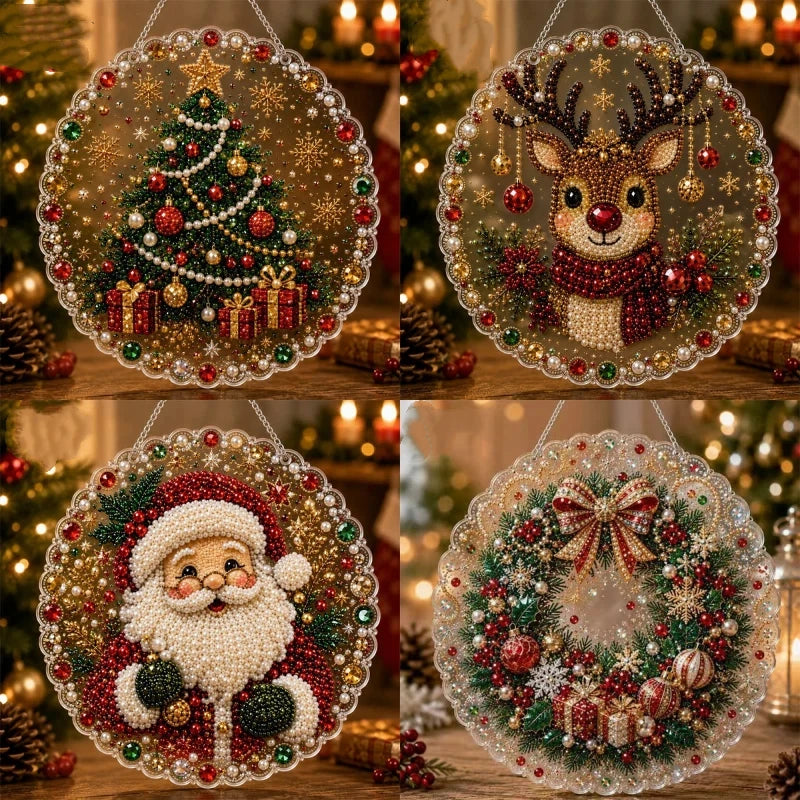 Christmas pearl diamond painting suncatcher kit featuring a festive Christmas tree design with a metal chain.