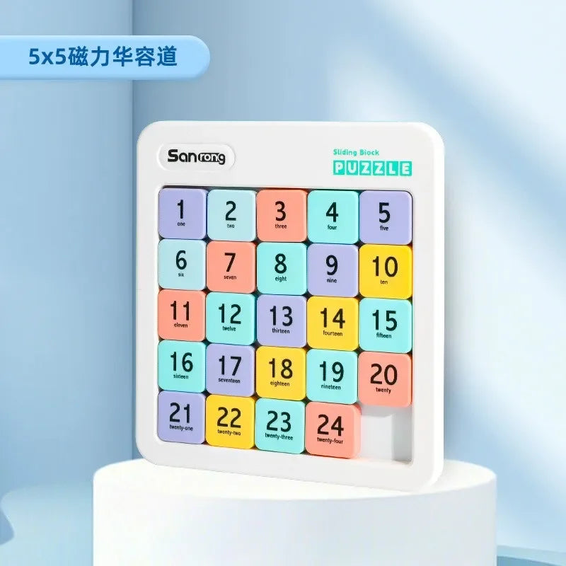 A white magnetic sliding number puzzle with colorful numbered tiles from one to twenty-four.