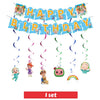 A colorful banner spelling HAPPY BIRTHDAY with various party supplies like balloons and tableware.