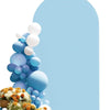 A vertical arrangement of light blue and white balloons against a pale blue arched backdrop.