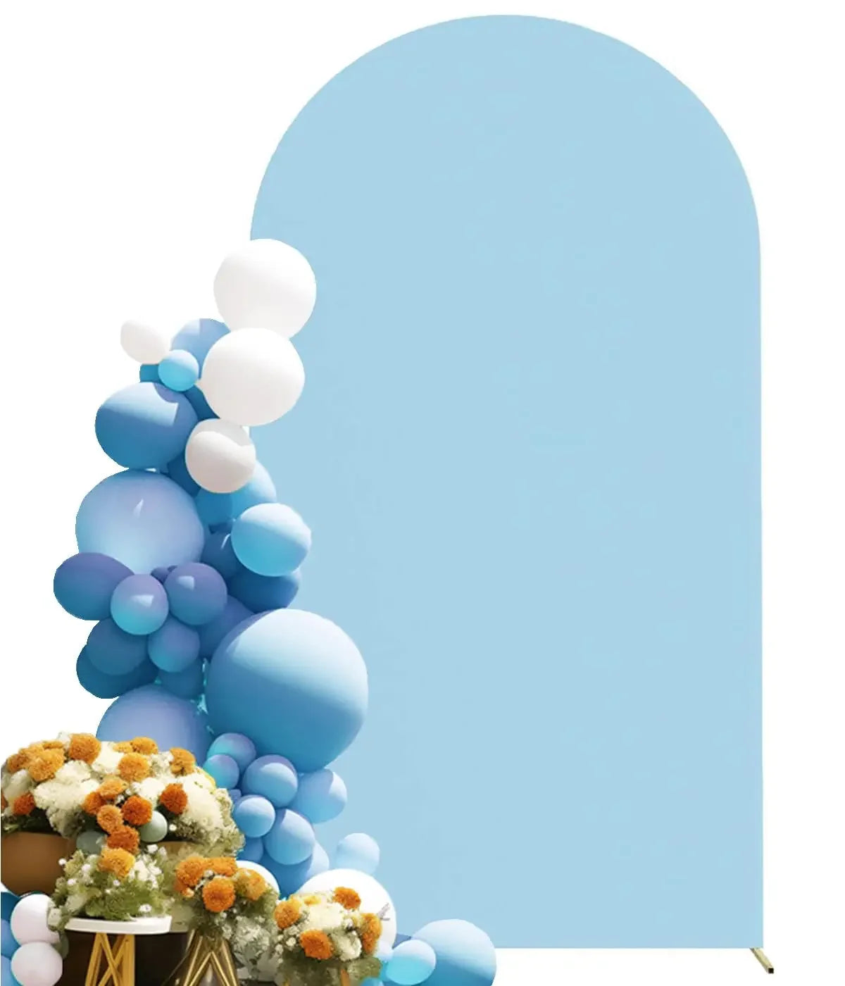 A vertical arrangement of light blue and white balloons against a pale blue arched backdrop.