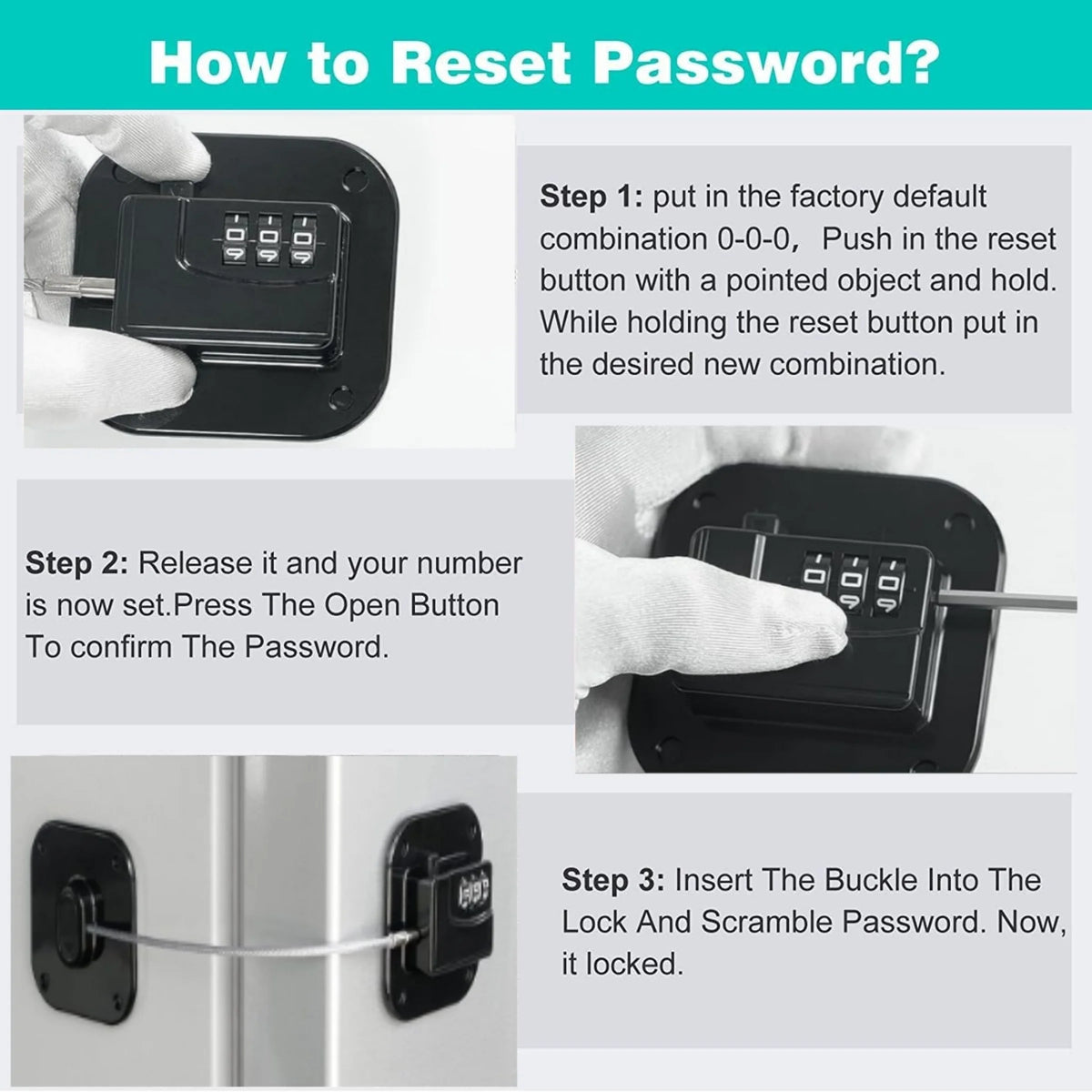 Instructions for resetting a password on a black electronic lock device.