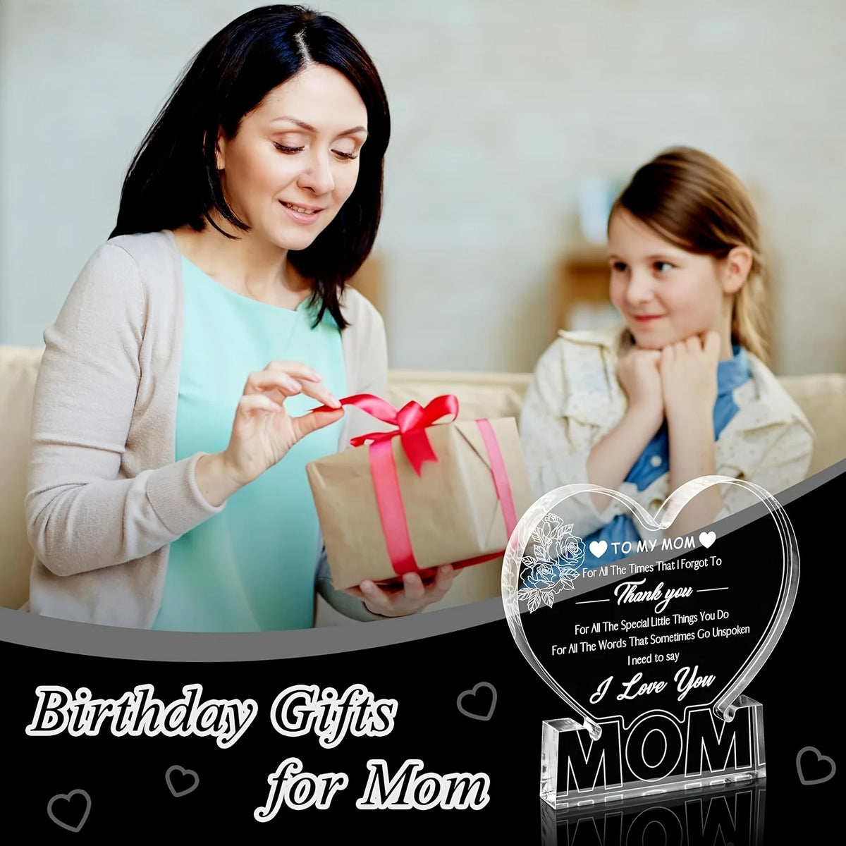 Acrylic heart plaque for mom gift featuring a woman and a girl looking at a wrapped present