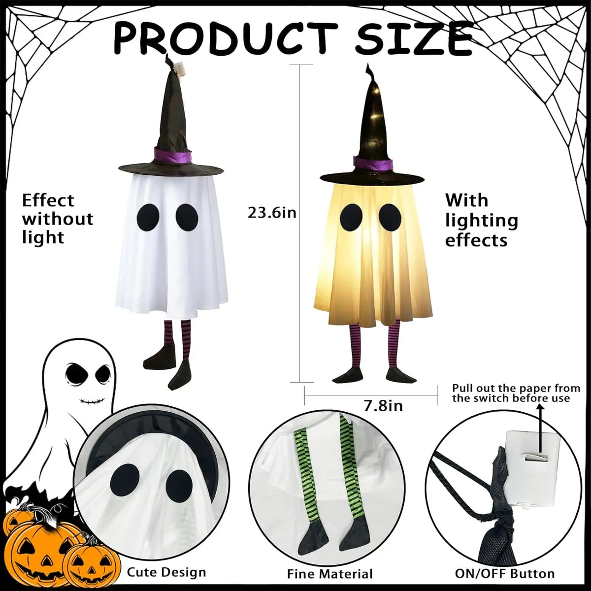 Halloween hanging ghost lights featuring a witch hat design and an on/off button.