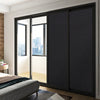 A modern sliding glass door with dark privacy film panels overlooking a city skyline.