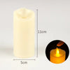 A tall, cylindrical white candle with a visible flame inside, shown next to a close-up of the flickering light.