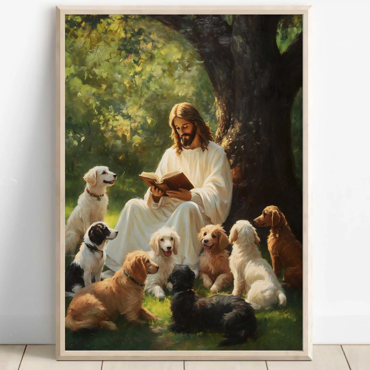 Oil painting depicting Jesus reading a Bible surrounded by several dogs in a lush green outdoor setting