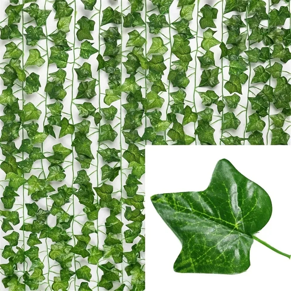 Green artificial ivy vine garland covering a surface for home decor