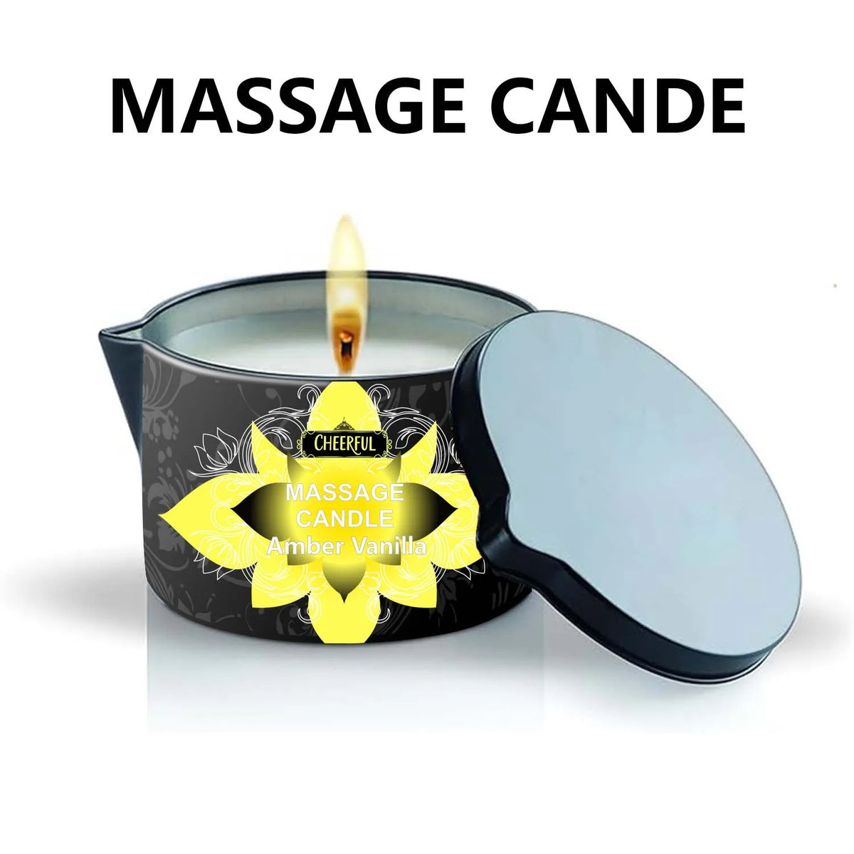 A massage candle in a tin with a yellow flame and an oval lid, labeled Cheerful Massage Candle Amber Vanilla.