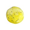 A bright yellow, spherical squishy toy filled with Vaseline, featuring small black specks.