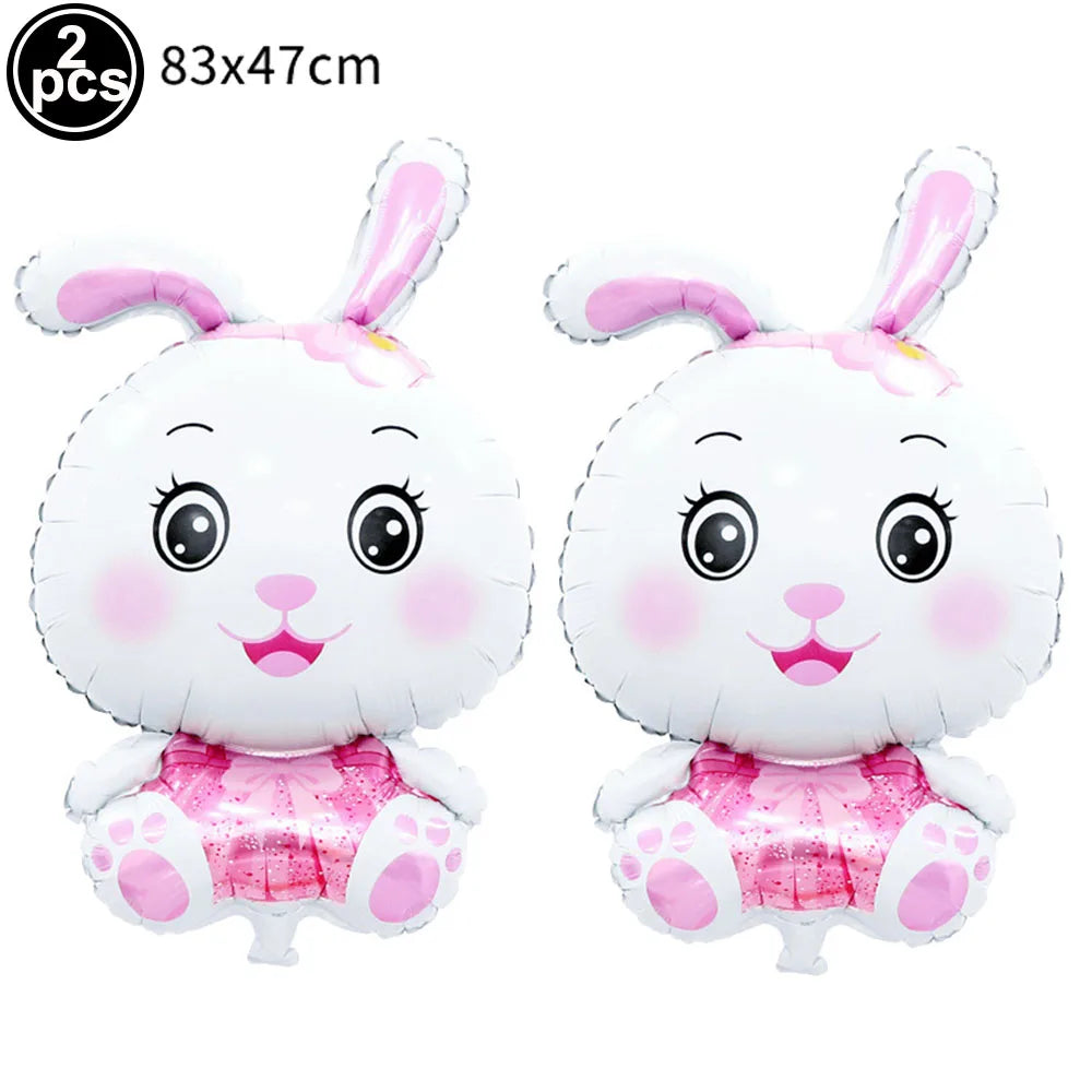 Two white bunny foil balloons with pink accents and ears