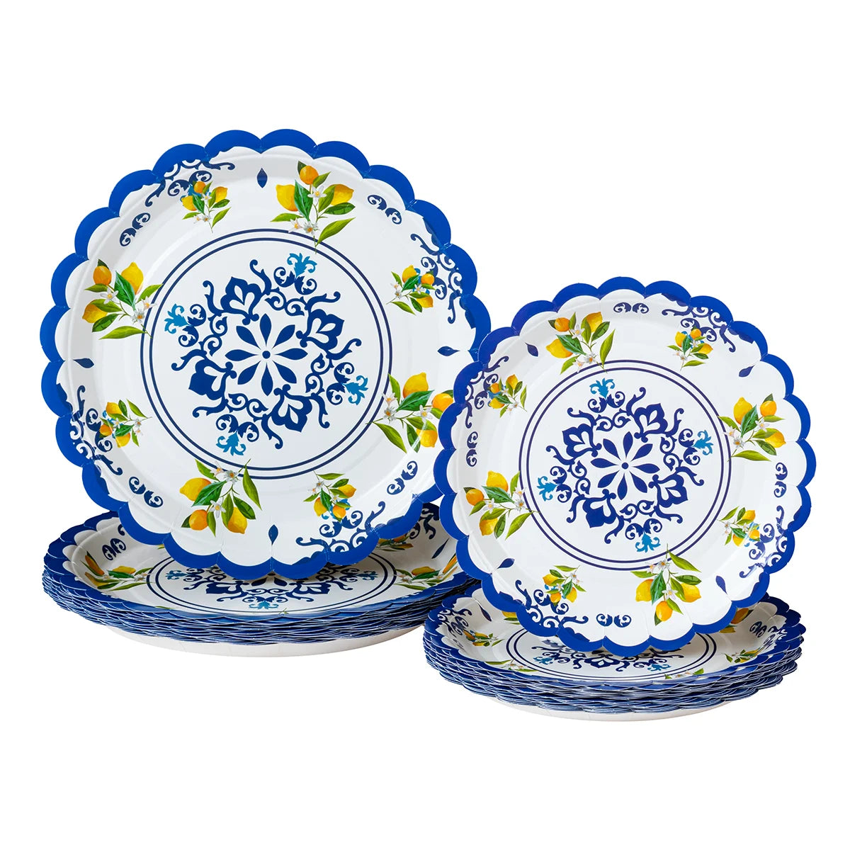 A stack of blue and white floral disposable paper plates featuring blue and yellow lemon designs.