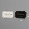 Two thank you seal stickers, one white and one black, are shown with dimensions.