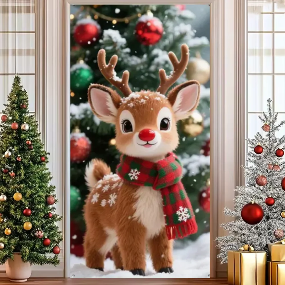 Merry Christmas Party Decoration Door Cover with Santa, Snowman & Reindeer Design