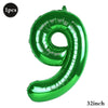 A shiny green foil number balloon shaped like the numeral 9, measuring 32 inches.