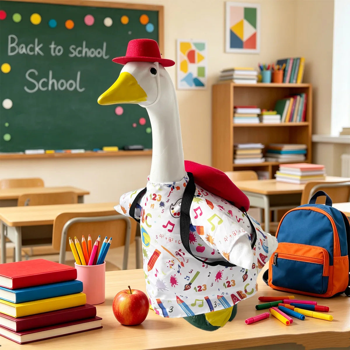 A white goose statue wearing a red hat and a patterned shirt sits on a wooden table.