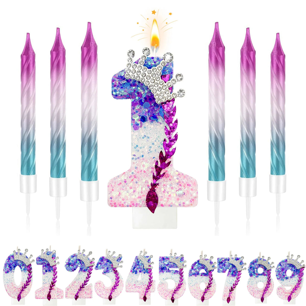 A set of gradient sparkle number birthday candles from 0 to 9, featuring purple and pink hues.