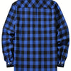 A dark blue and black plaid button-up shirt with long sleeves.