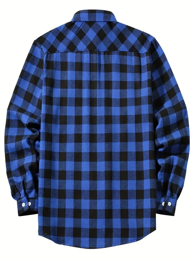 A dark blue and black plaid button-up shirt with long sleeves.
