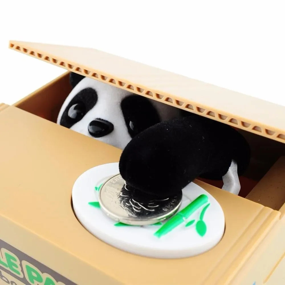 An interactive coin bank shaped like a panda, featuring a coin slot and an opening box.