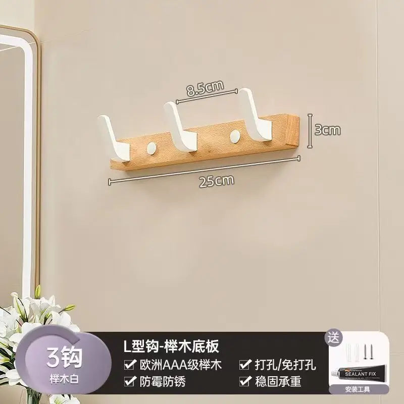 Walnut wood coat rack with 8 hooks and storage shelf mounted on a wall.